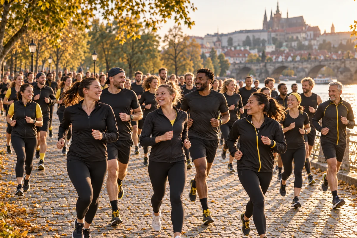Ilustrácia: priatelia si užívajú pohodový beh pri rieke